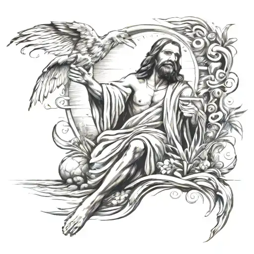 a leg sleeve idea. with Jesus. the beach. and the area code 574. all in seperate parts.  tattoo design idea