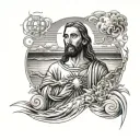 a leg sleeve idea. with Jesus. the beach. and the area code 574. all in seperate parts.  tattoo design idea