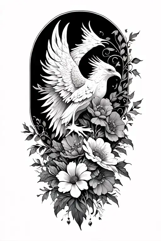 Black and white multiple flowers going across right side of chest onto the shoulder with phoenix  imbedded into the flow tattoo design idea