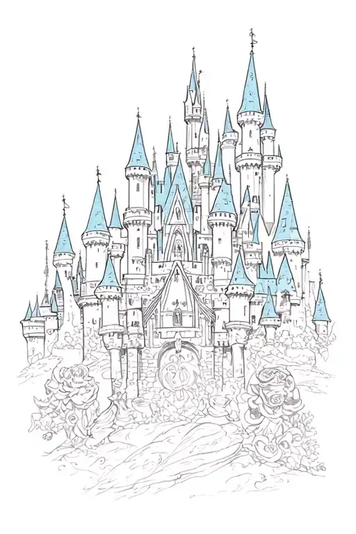 disney sleeve with castle and main characters tattoo design idea