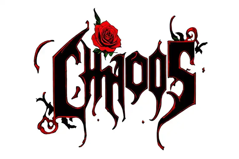 "Chaos" death metal font and rose red tattoo design idea