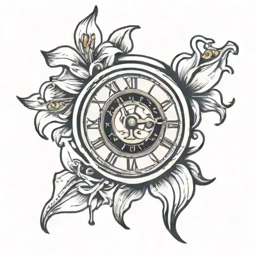 broken clock face lily tattoo design idea