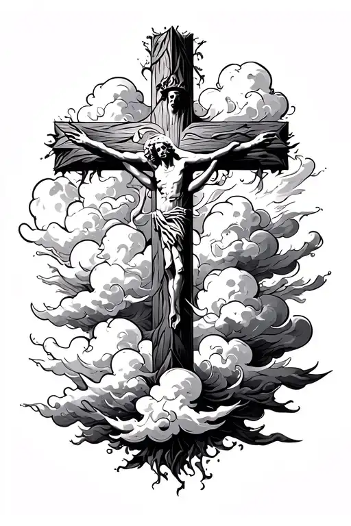 Christian cross with clouds and tattoo design idea