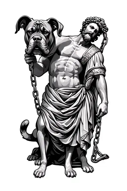Greek god Zeus Holding cane corso on chain tattoo design idea