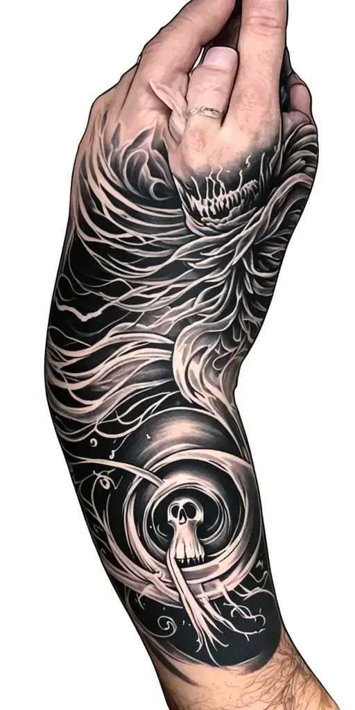 blackout arm sleeve with falling in reverse logo tattoo design idea