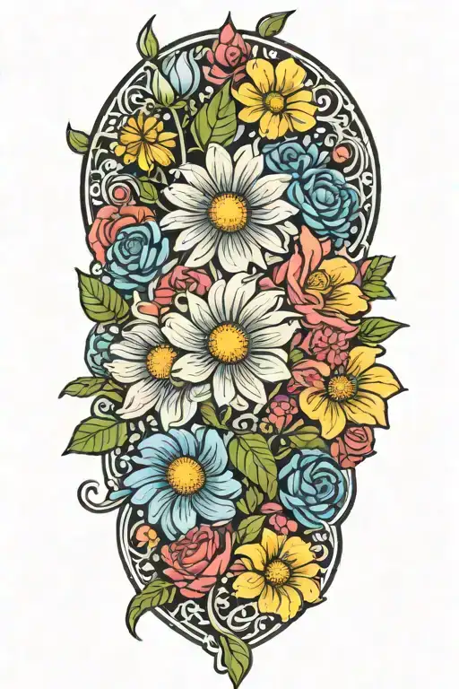 An intricate tattoo of a boquet of roses, daisys, and cosmos flowers tattoo design idea