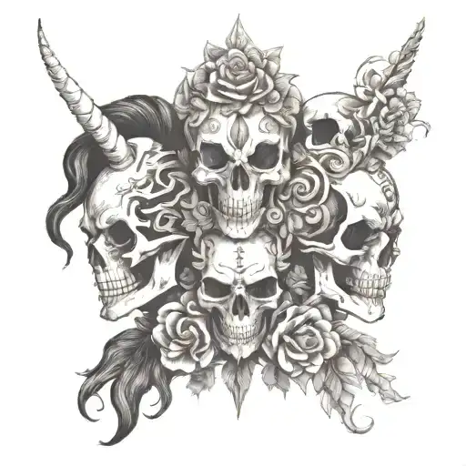 totem skuls facing different ways on top of each other. 1 is a punk rocker 2 has flowers and 3  has unicorn horn tattoo design idea