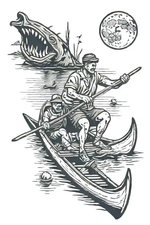 3 crescent moons in a night scene above a man's decapitated head with men rowing a canoe in the background  tattoo design idea