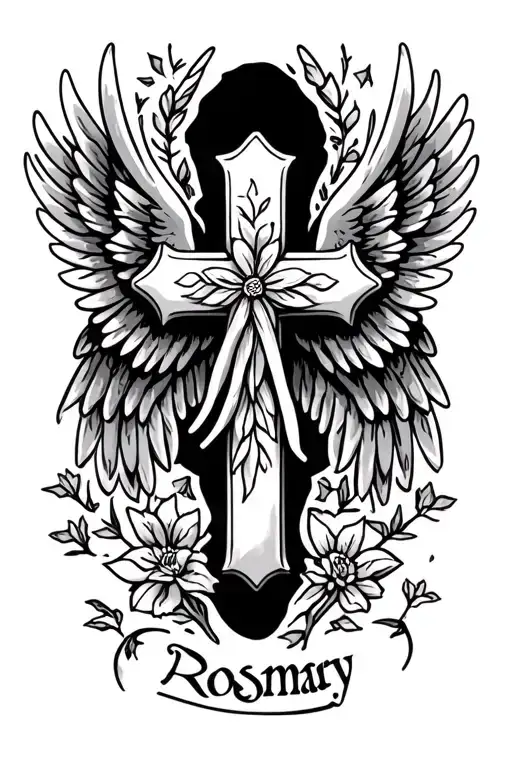 "Rosemary" cross with angel wings tattoo design idea