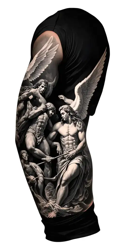 sleeve with archangel michael and warrior angels fighting demons over my soul tattoo design idea
