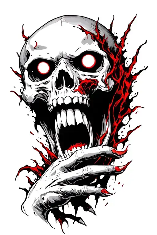skull with mouth open ripping through skin with demon eyes in color with hand clawing out of skin tattoo design idea