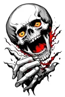 skull with mouth open ripping through skin with demon eyes in color with hand clawing out of skin tattoo design idea