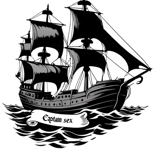 ship with skieletons on sea with scroll under the ship with text "capitan sex" tattoo design idea