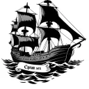 ship with skieletons on sea with scroll under the ship with text "capitan sex" tattoo design idea