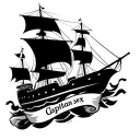ship with skieletons on sea with scroll under the ship with text "capitan sex" tattoo design idea