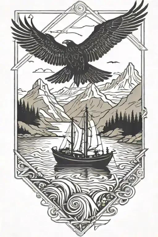 silhouette in a fishing boat in the mountains, bird soaring in the far distant, playing cards tattoo design idea