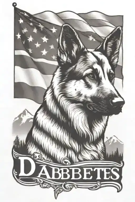 portrait of German shepherd saying "diabetes" mountain scene American flag tattoo design idea