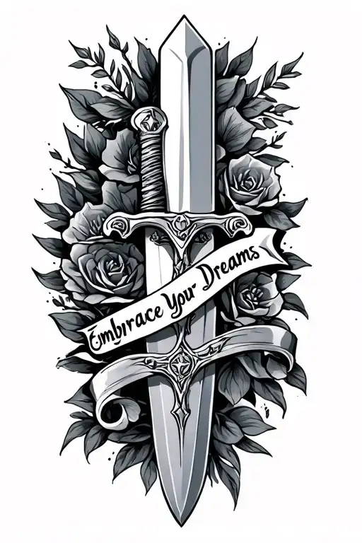 buster sword with embrace your dreams in cursive tattoo tattoo design idea
