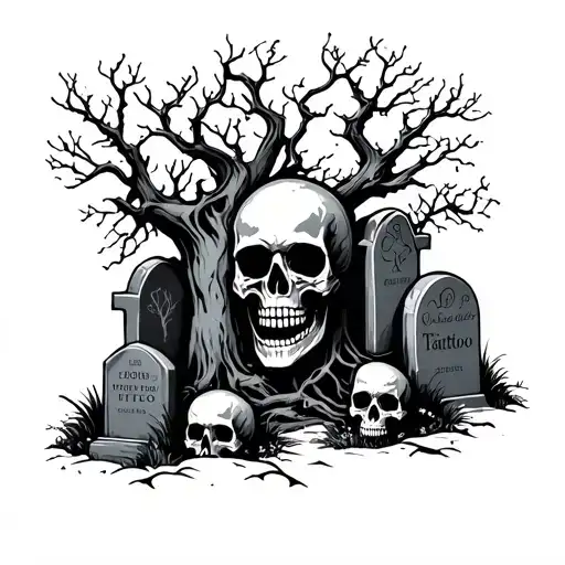 skulls,headstones,creepy trees outline tattoo design idea