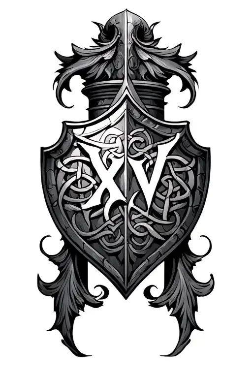 bold free flowing tribal, celtic shield in center with "XIV" in it. CFS, Roman Pillar with PVS woven into tribal work. tattoo design idea