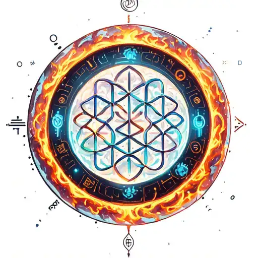 flower of life inside of zodiac wheel with fire, water, earth, air, aether and tibetan endless knot tattoo design idea