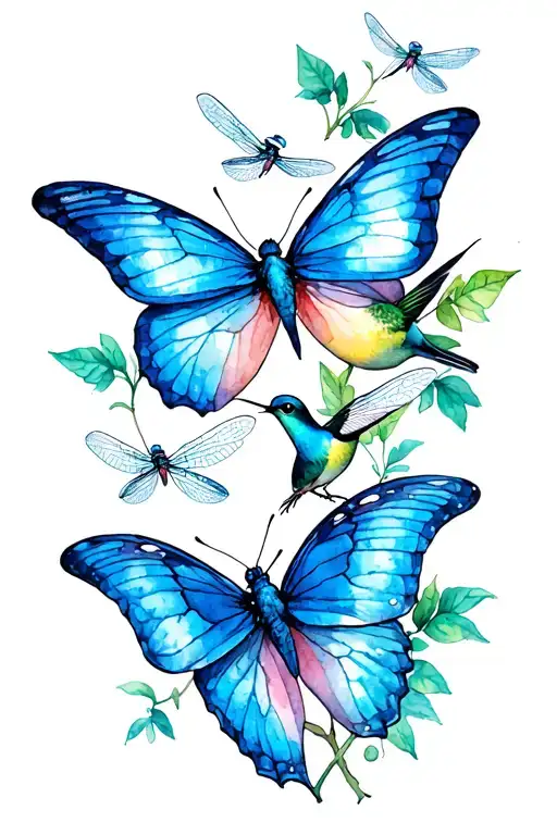 blue butterfly and dragonfly and hummingbird on a vine tattoo design idea