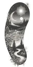 flowing waves, surrounded by a mystical forest scene,subtle elements of sacred geometry and glowing stars and light tattoo design idea