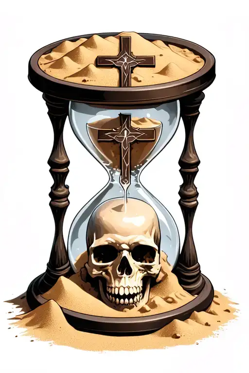 hour glass with religious cross in the top poking out of some sand and the bottom has a partially covered skull in sand  tattoo design idea
