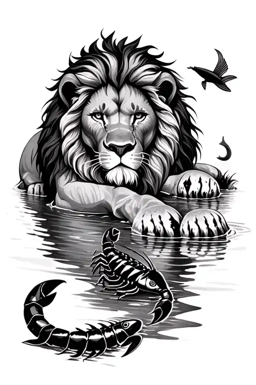 Lion laying with a scorpion next to him and two fish swimming in a lake tattoo design idea