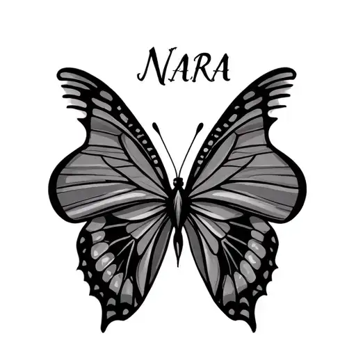 Name NARA on butterfly body tattoo design idea