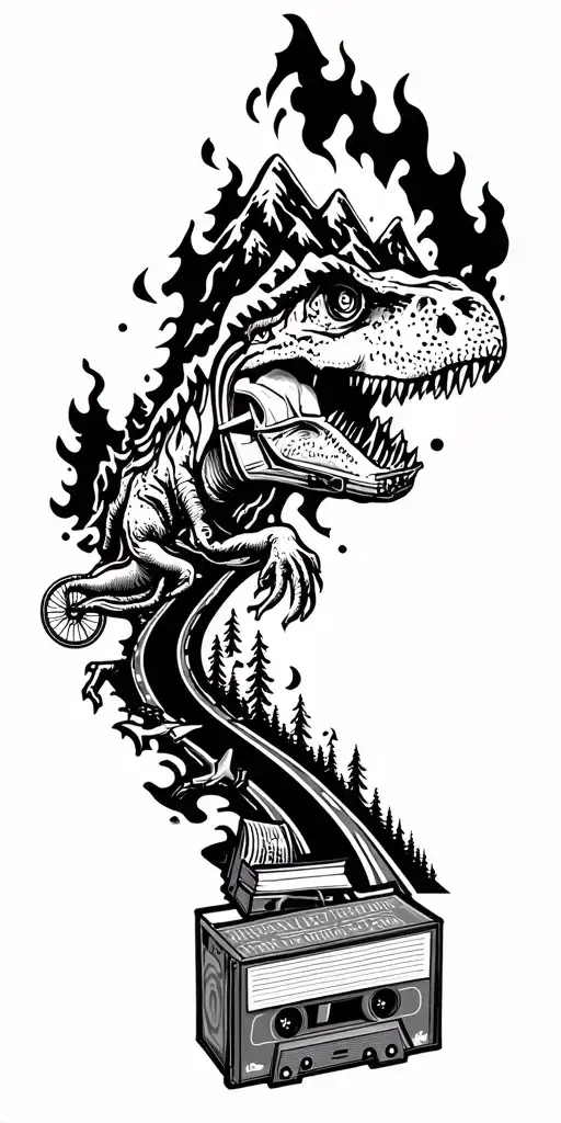 map with landmarks with road, mountains, trex fire truck, mountain bike drum set, cassette tape, book on fire, tattoo design idea