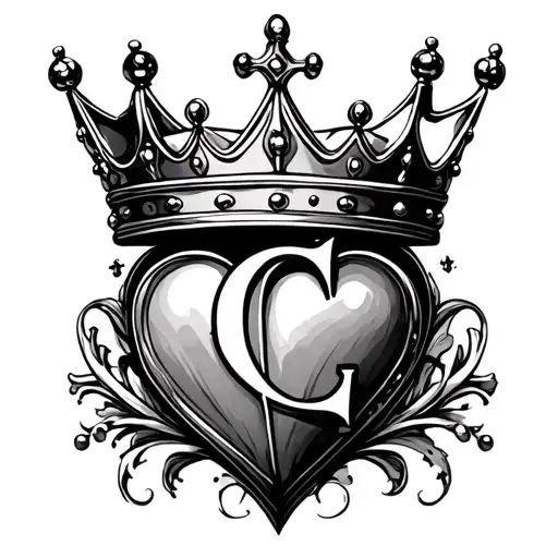 Queen crown, letter C and heart shape in a row tattoo design idea