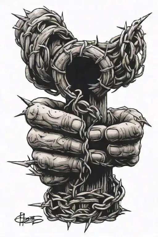 circle of barbed wire extending down to thumb print tattoo design idea