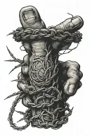 circle of barbed wire extending down to thumb print tattoo design idea