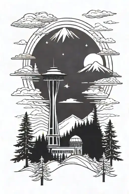 Space Needle, pine trees, and Colorado mountains tattoo design idea