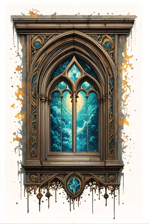 arm tattoo, gothic window, mythology art behind it tattoo design idea
