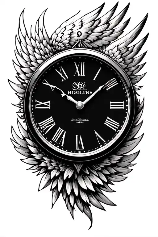 clock wing date tattoo design idea