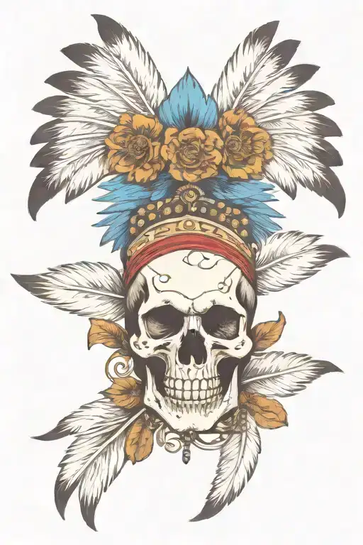 skull indian feathers with skulls tattoo design idea