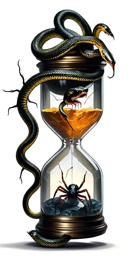 broken hour glass with snakes and spiders tattoo design idea