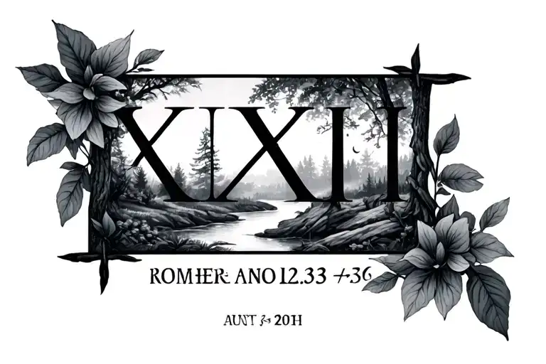 Roman numeral birthdate with surround nature scene tattoo design idea