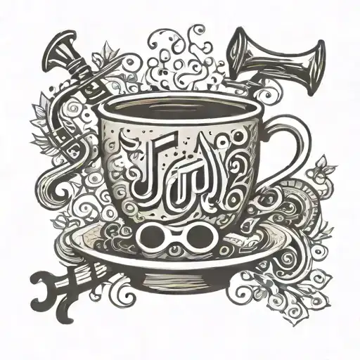 A whimsical coffee cup with musical instruments forming steam, representing the joy of starting the day with music and caffeine tattoo design idea