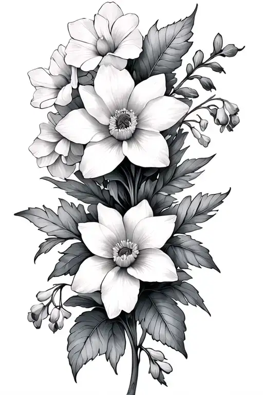 soft arm tattoo with the flowers violets primrose, daffodil, water lily, larkspur,morning glory, narcissus  tattoo design idea