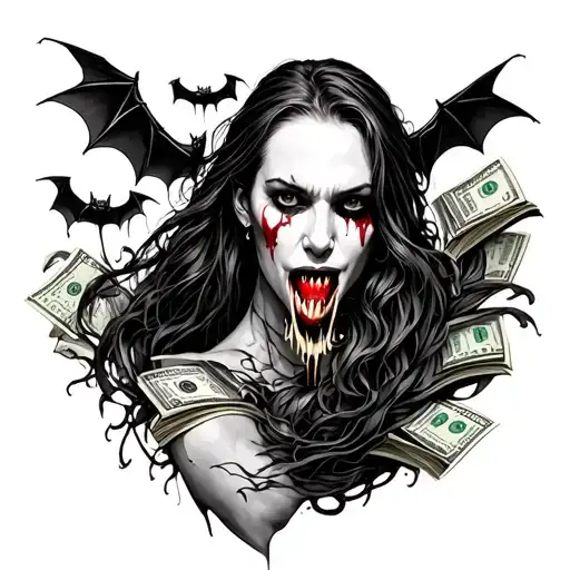 Full-sleeve tattoo, wrist to elbow, street style. Include: forest, money, blood, vampire fangs, bats, wind, flowing wate tattoo design idea