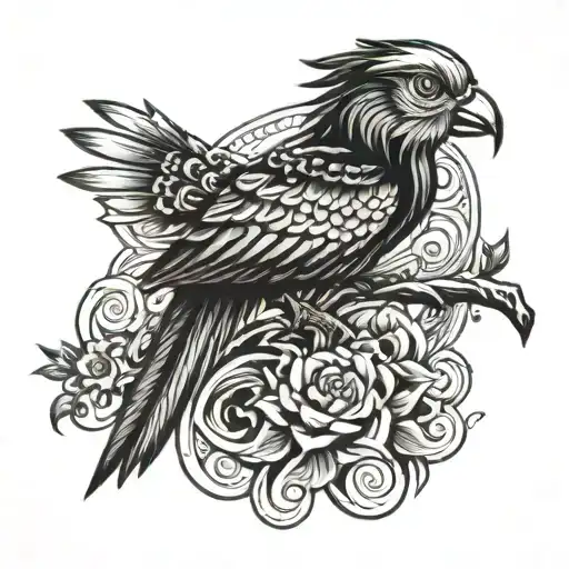 black and white quetzal bird with shading around  tattoo design idea