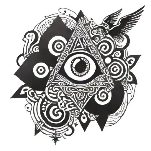 prymid and all seeing eye surrounded my music notes tattoo design idea