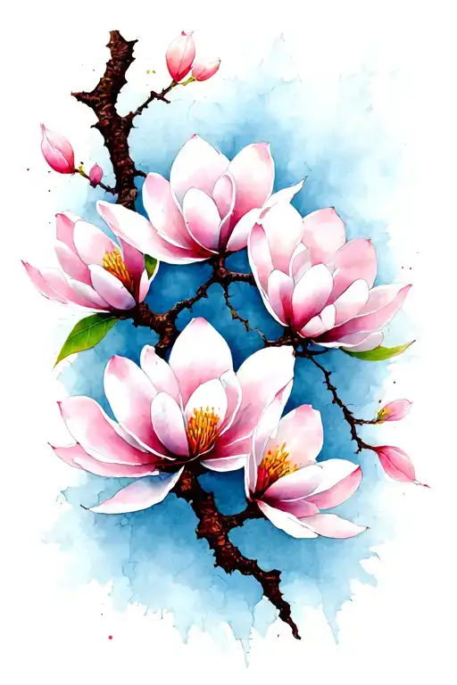 Japanese style of a branch adorned w/ vertically arranged soft magnolia blossoms w/ crack showing the blank canvas tattoo design idea