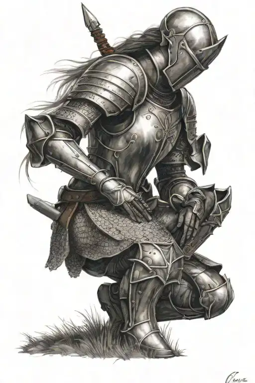 female knight wearing the armor of god kneeling in a field of lavender with the sky above parting highlighting her tattoo design idea