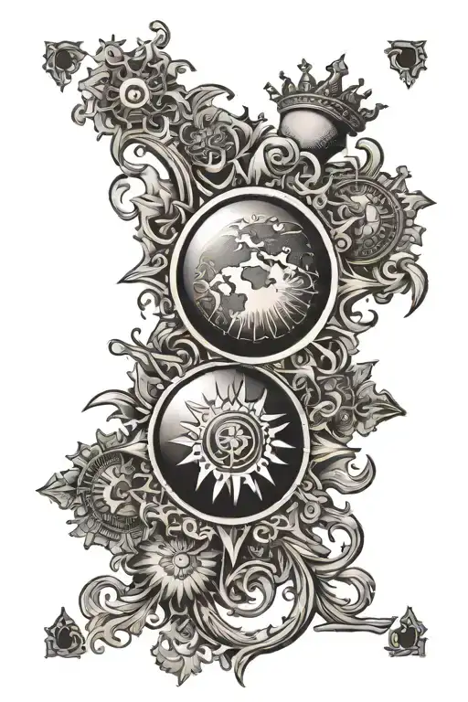 sun, starts, world, heart and crown tarot card featuring tattoo design idea