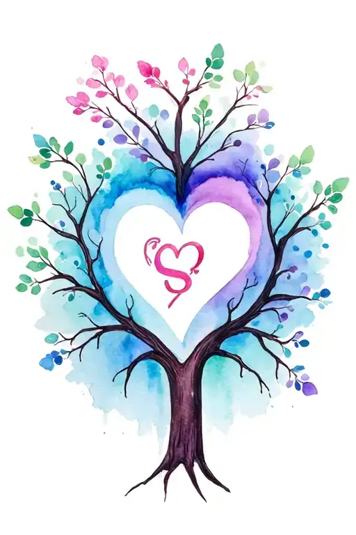 coulored family tree with a heart and a small S embedded in a branch tattoo design idea