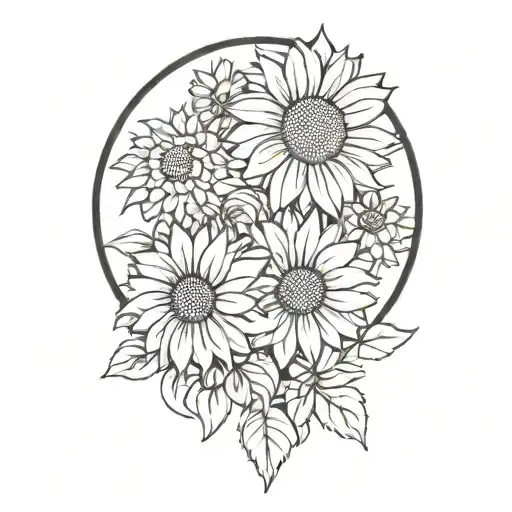 sunflowers, roses, and chrysanthemums flower tattoo design idea